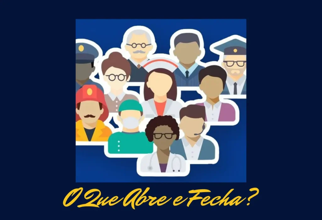 Ilustração com ícones de diferentes servidores públicos sob a pergunta 'O Que Abre e Fecha?', explicando o funcionamento dos serviços essenciais e administrativos no dia do servidor público.
