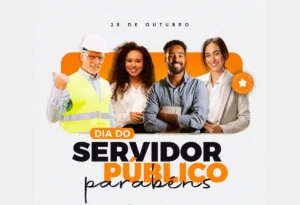 Arte comemorativa do Dia do Servidor Público (28 de Outubro) com diversos profissionais, ilustrando o guia completo sobre se a data é feriado ou ponto facultativo.