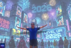 D. Cavalcante celebrando a Retrospectiva 2025 e o Ano Novo 2026 em frente a um painel futurista Cyberpunk com ícones da cultura pop como Goku e Vegeta, simbolizando o ecossistema DCA.