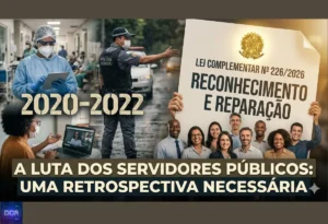 Painel visual ilustrando a transição do período de crise (2020-2022) para a aprovação da Lei Complementar 226/2026, com foco na reparação de tempo de serviço, quinquênios e licença-prêmio.